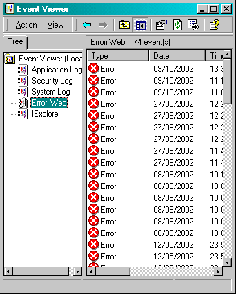 L'event viewer con gli errori scatenati