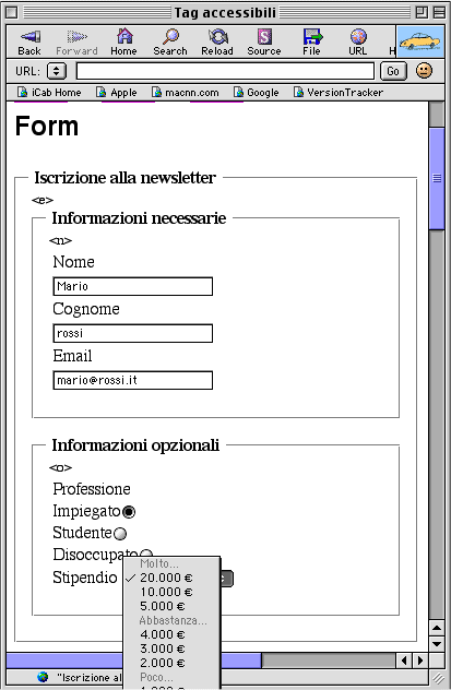 iCab visualizza i tasti di scelta rapida tra parentesi angolate