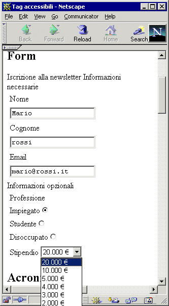 Form in Netscape 4.7 senza fieldset e optgroup